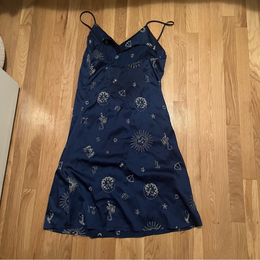 Blue Satin Midi Dress with Gold Astrology Stitching Detail (size M)